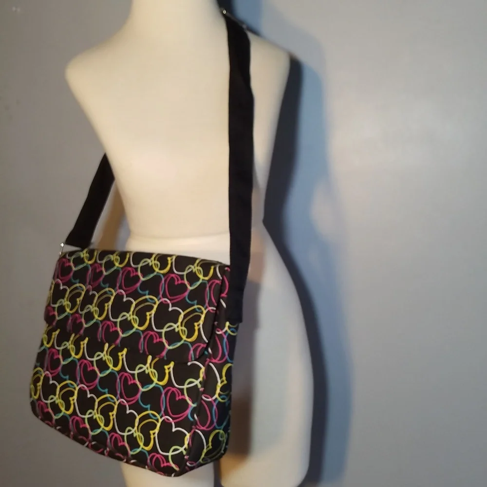 CLAIRE'S NWT MESSENGER/LAPTOP BAG Padded Black Neon Hearts Adj Strap New